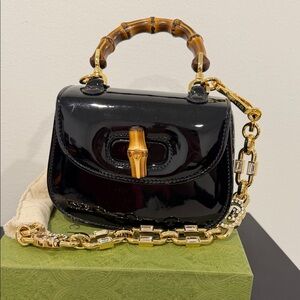 Gucci Mini Bamboo Top Handle Black Patent Leather Handbag